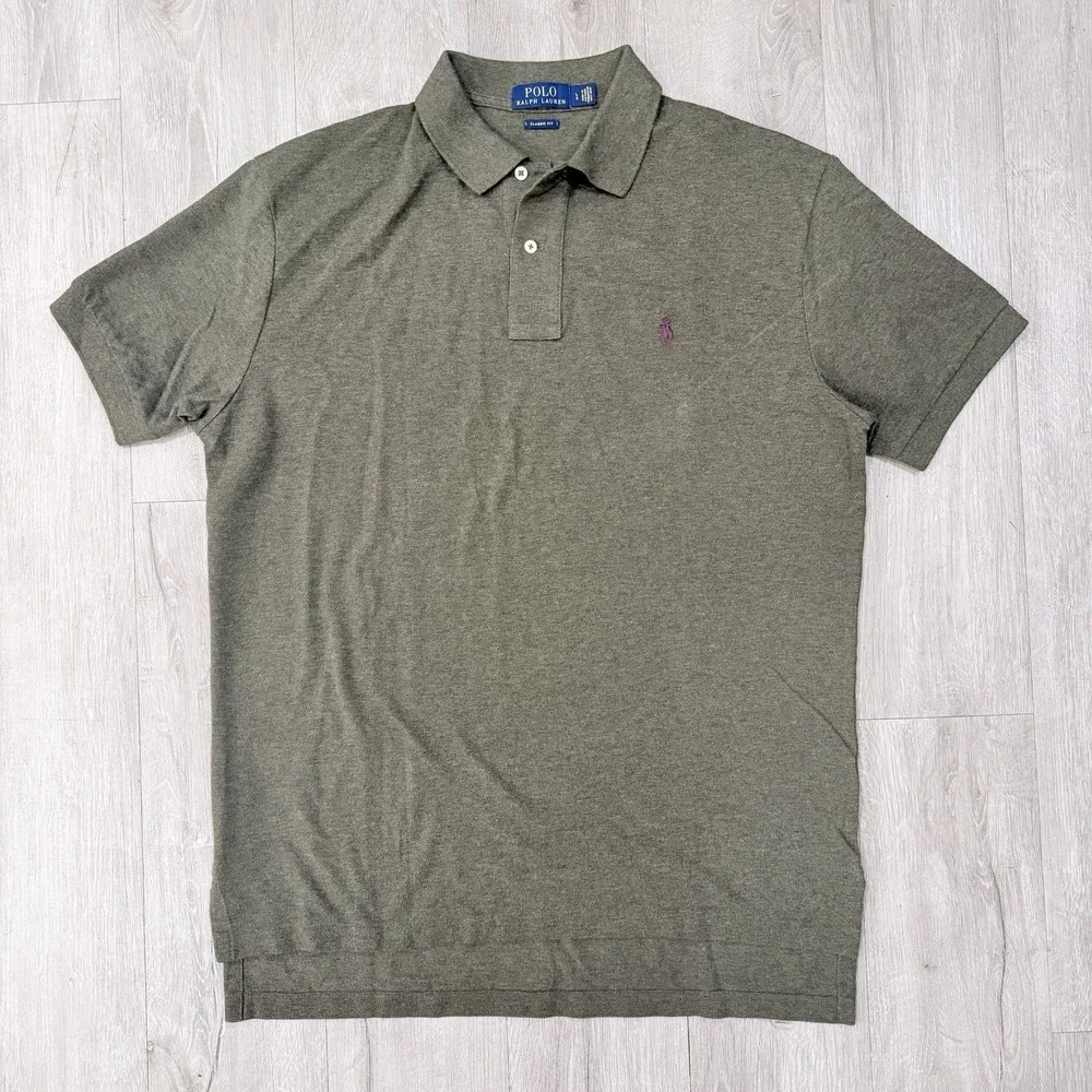 Polo Ralph Lauren Mens L Classic Fit Polo Shirt Olive Green Purple Pony Cotton